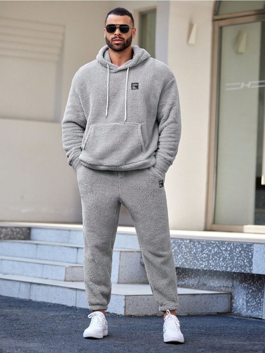 Manfinity Men's Plus Size Letter Patchwork Plush Lined Hoodie And Pants Knitted Casual 2pcs/Set