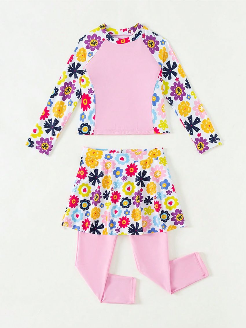 Toddler Girls' Floral Printed Patchwork Swimsuit Set