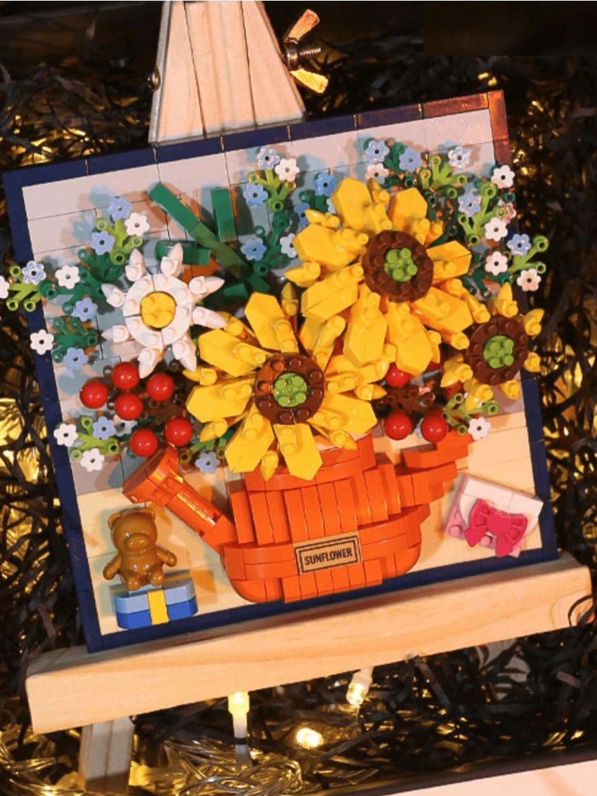 1set Sunflower Flower Paintina Rack Wooden Frame FlowerBuildina Kit For Adults. Building Block Flowers Mini Building Bricks For Gifts Home Decor BotanicalCollection