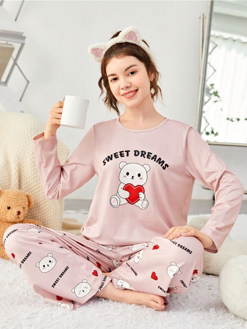 SHEIN 2pcs Teen Girls' Letter & Little Bear Pattern T-shirt And Pants Homewear