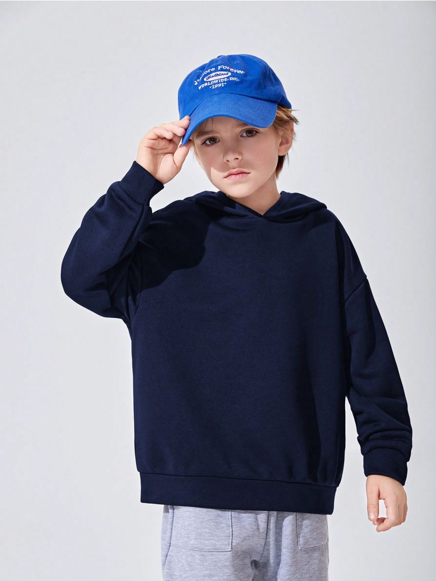 SHEIN Boys' Casual Loose Fit Hooded Pullover Sweatshirt With Letter Print, For Kids