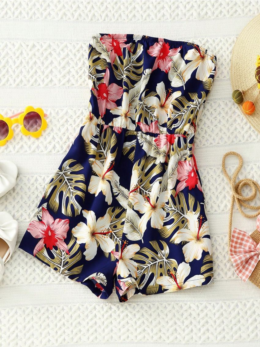 SHEIN Girls Tropical Print Tube Romper