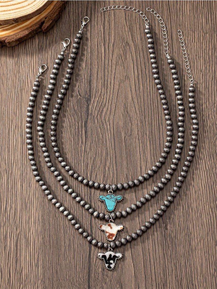 3 Pcs Western Cow Head Faux Navajo Pearl Beaded Necklaces Set for Women