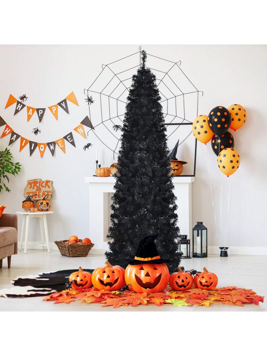 Gymax 6/7 FT Pre-lit Black Christmas Tree Artificial PVC Slim Pencil Halloween Tree