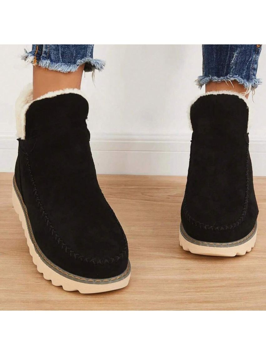 Women's Warm Lined Solid Color Flat Ankle Boots With Thick Soles For Winter