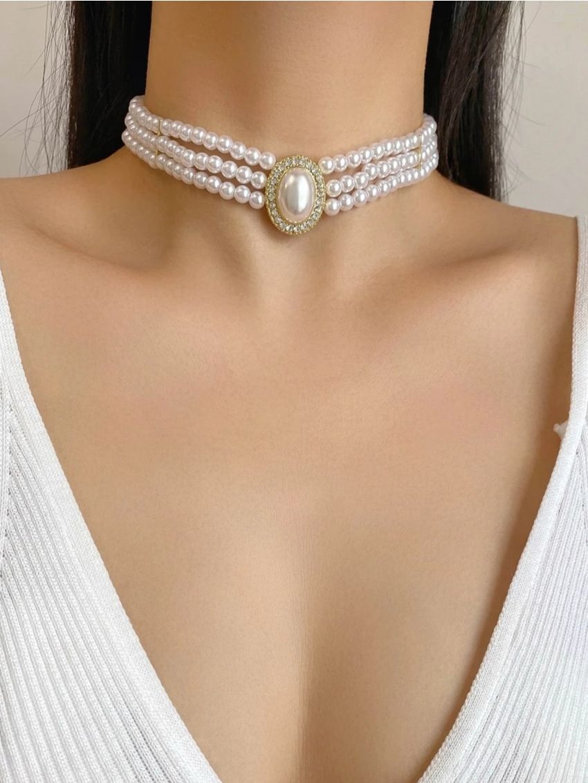 Rhinestone & Faux Pearl Decor Choker