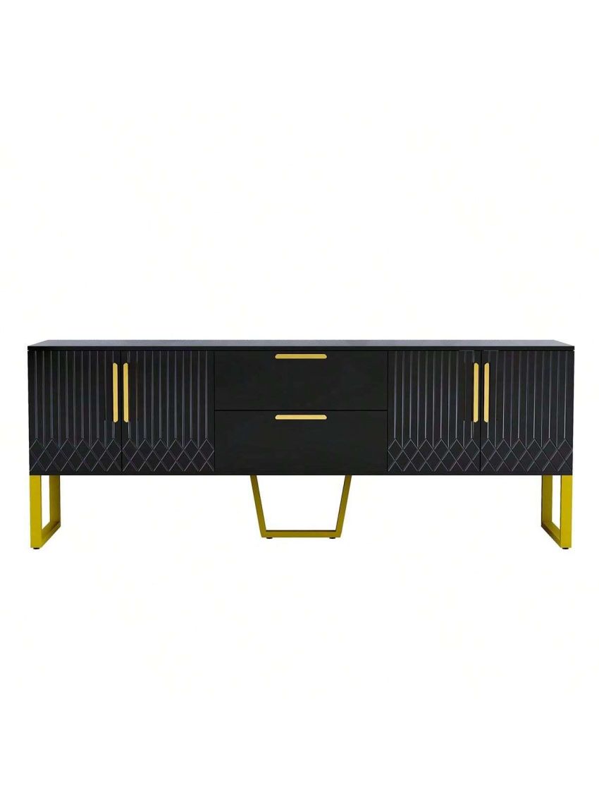 U-Can Modern TV Stand for TVs up to 75 Inches, Storage Cabinet with Drawers and Cabinets, Wood TV Console Table with Metal Legs and Handles for Living room, Black