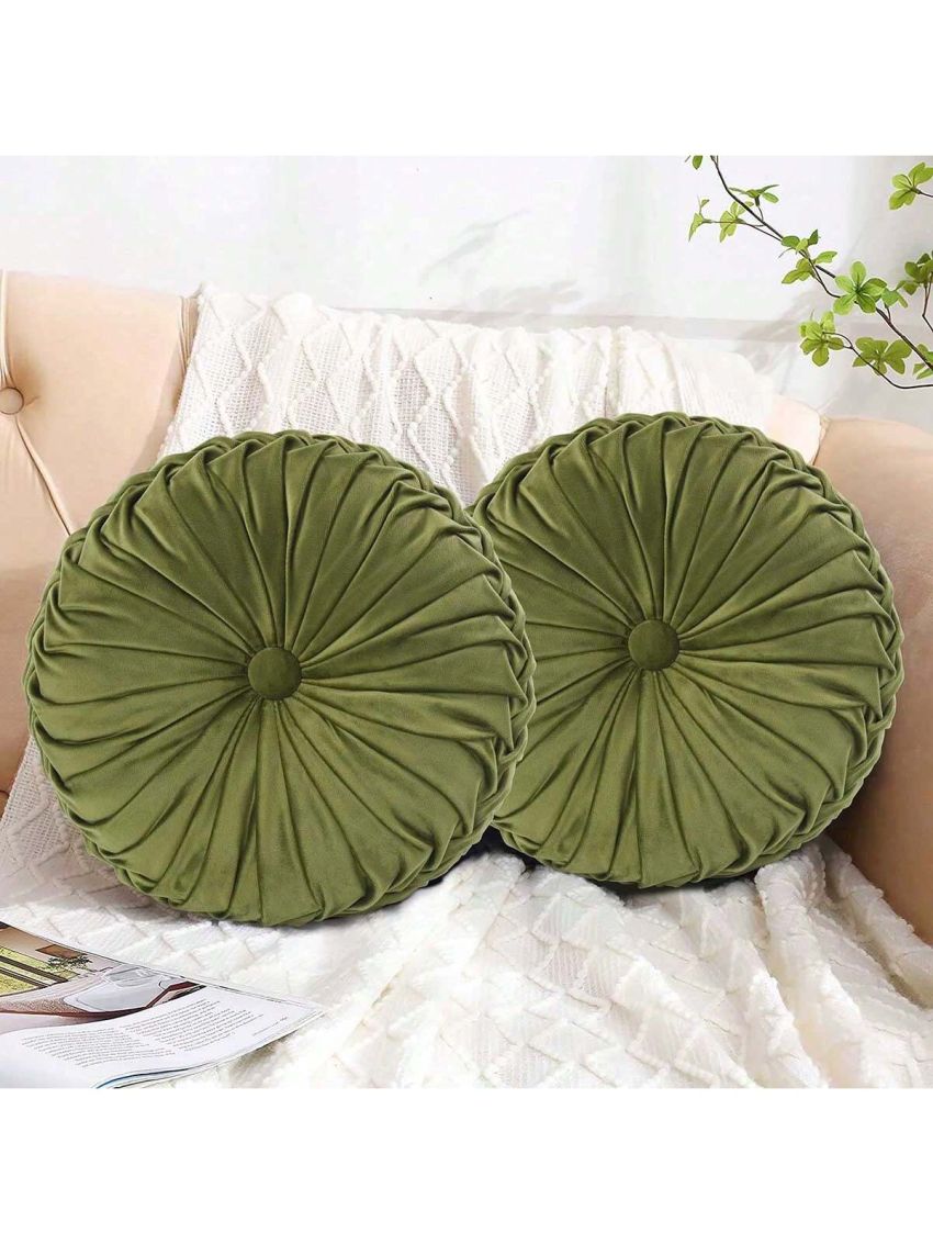 Set of 2 Decorative Round Pleated Throw Pillows, Classy Accent Pumpkin Throw Pillows with Center Button, Vintage Velvet Floor Pillow for Sofa Couch Vanity Chair Bed, 14.5
