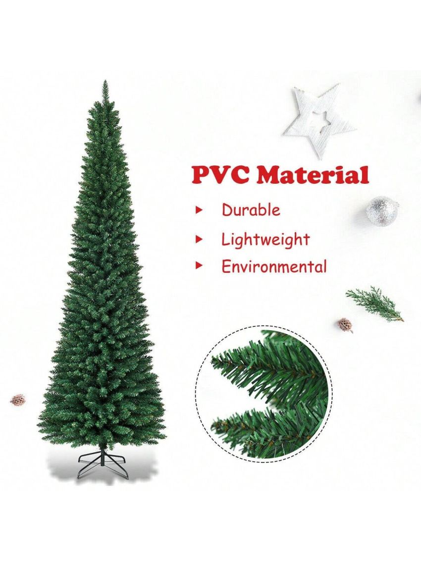 Gymax 8Ft PVC Artificial Pencil Christmas Tree Green Slim w/ Stand Home Holiday Decor