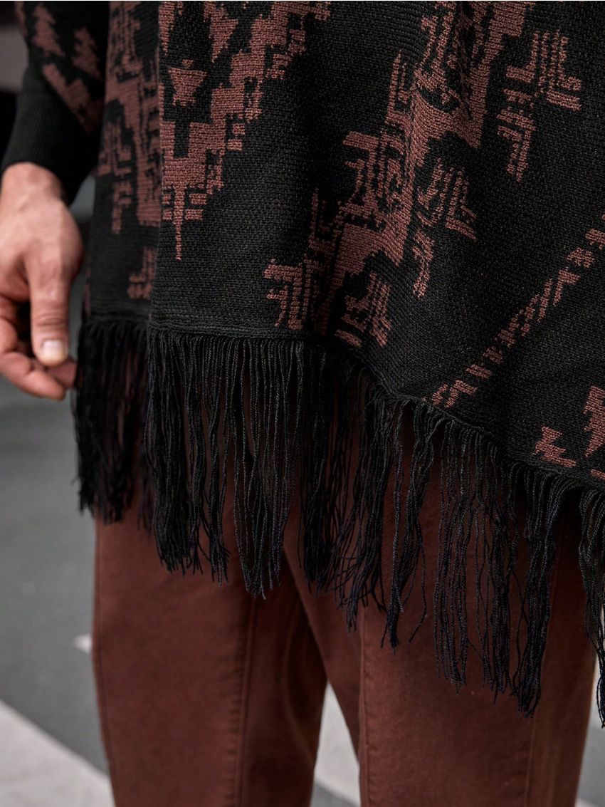 Manfinity Homme Men's Plus Size Geometric Pattern Hooded Raincoat Sweater With Batwing Sleeves And Tassel Hem