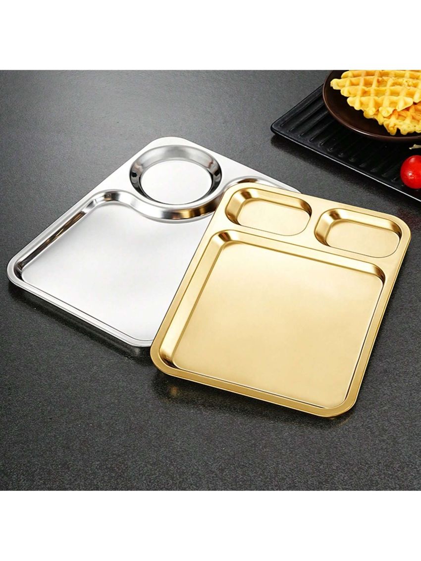 1pc Silver Stainless Steel Square Snack Plate, 3 Styles Available, For Serving Food, Bbq, Fruits, Snacks. Suitable For Dining Table Or Living Room Decoration.