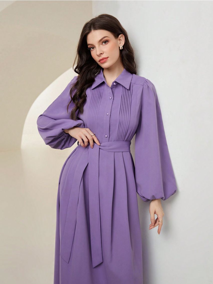 SHEIN Mulvari Lantern Sleeve Belted Pleated Shirt Dress