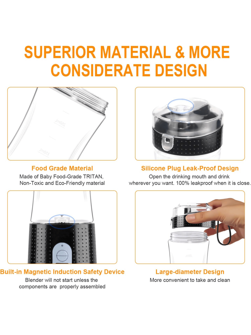 Portable Blender 380ml/13Oz for Shakes and Smoothies,Type-C USB Rechargeable Personal Blender with 6 3D Blades for Strong Blending Power,  with Cleaning Brush/Straws for Travel, Office and Sports(BLACK)