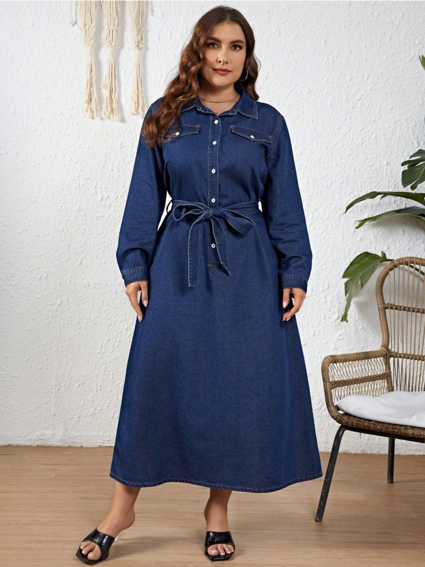 Plus Size Women'S Shirt Collar Denim Dress With Waist Belt