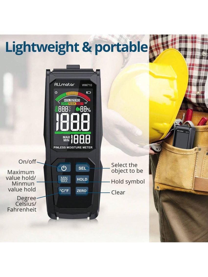 Take to Moisture Meter 20-40mm Analysis Depth with Colour LCD Alarm Function Hold Function Moisture Meter for Walls, Wood, Masonry, Concrete, Plaster, Building Materials