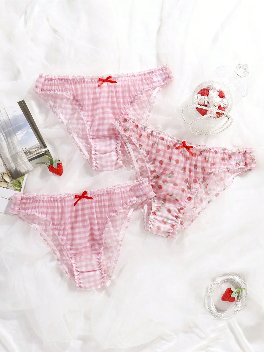 SHEIN Women's Striped Strawberry Print Triangle Panties With Bowknot Decoration