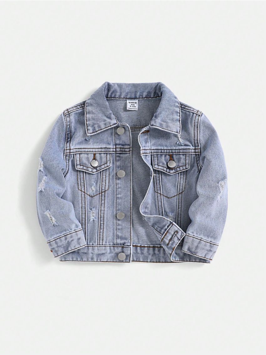 SHEIN Baby Boy Bleach Wash Ripped Flap Pocket Denim Jacket