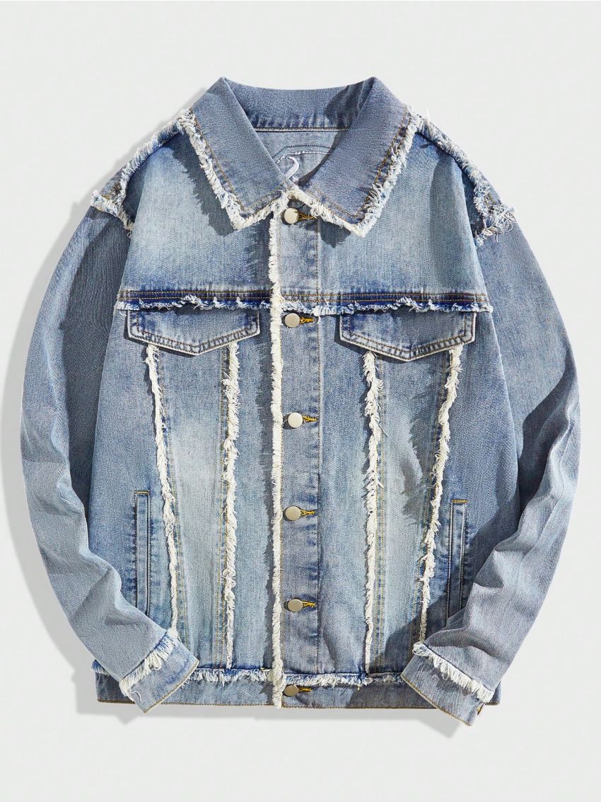 ROMWE Street Life Guys Distressed Denim Jacket With Frayed Hem
