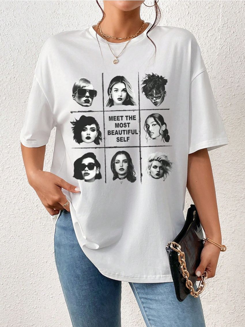 SHEIN Essnce Figure & Slogan Graphic Drop Shoulder Tee
