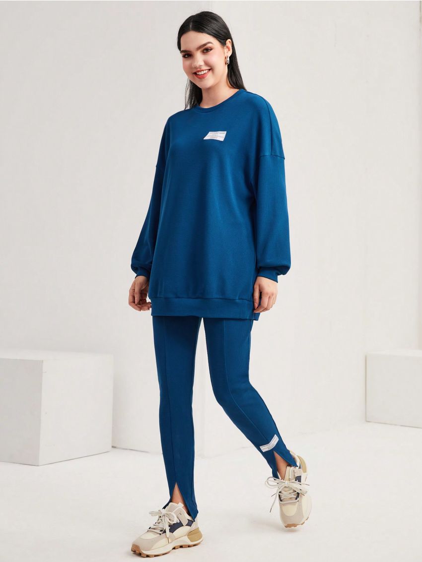 SHEIN Mulvari Letter Patched Drop Shoulder Pullover & Split Hem Leggings