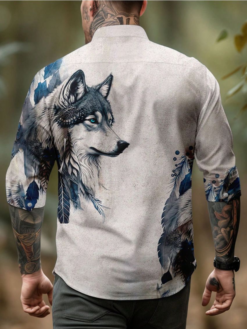 Manfinity LEGND Men's Plus Size Wolf Pattern Printed Shirt