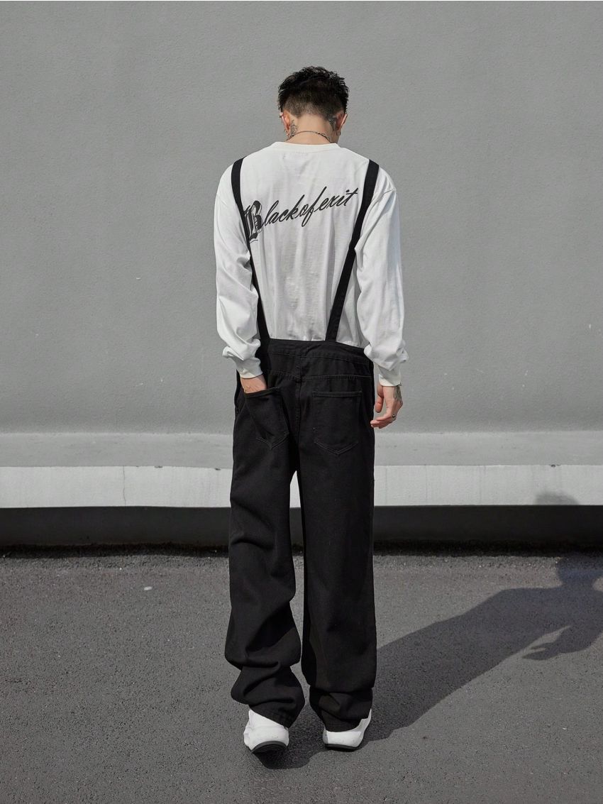 Manfinity Hypemode Loose Men's Solid Color Slant Pocket Denim Overalls Jumpsuit