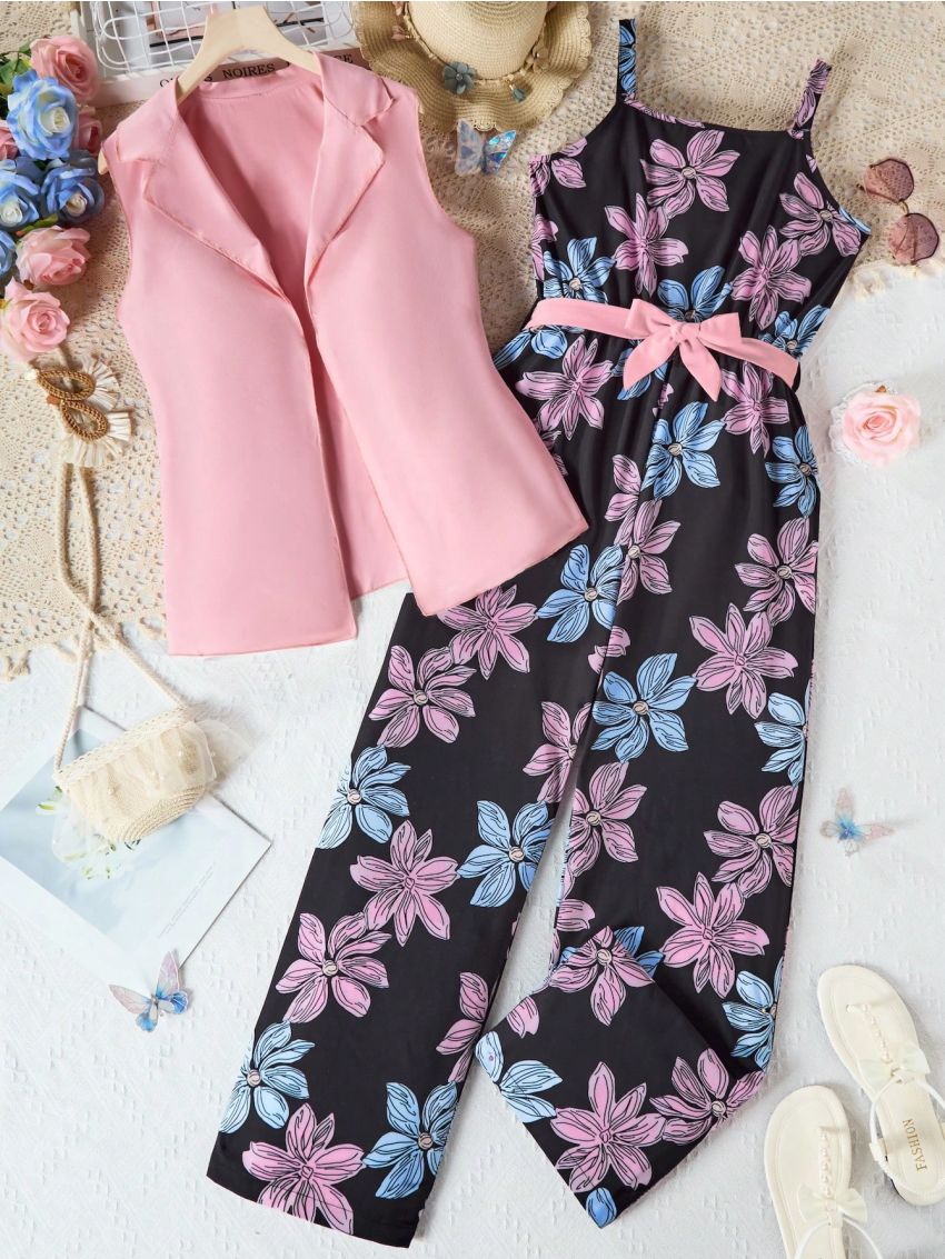 Teen Girls' Elegant Floral Print Spaghetti Strap Jumpsuit And Solid Color Top Two Piece Set For Vacation