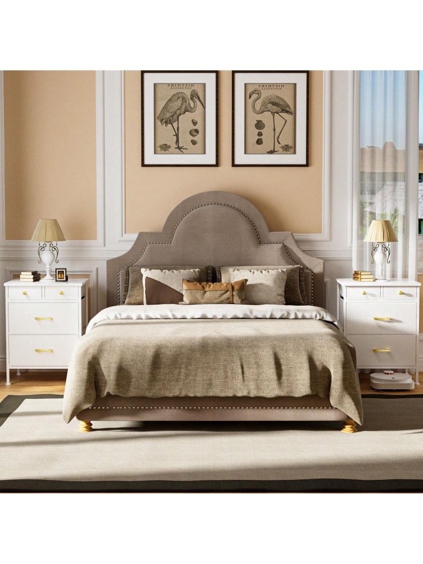 GINRGINR White Nightstand with Different Size Drawer, Bedside Table with 4 Fabric Drawers of Faux Leather, Modern Night Stand End Table for Bedroom, White, 13.7