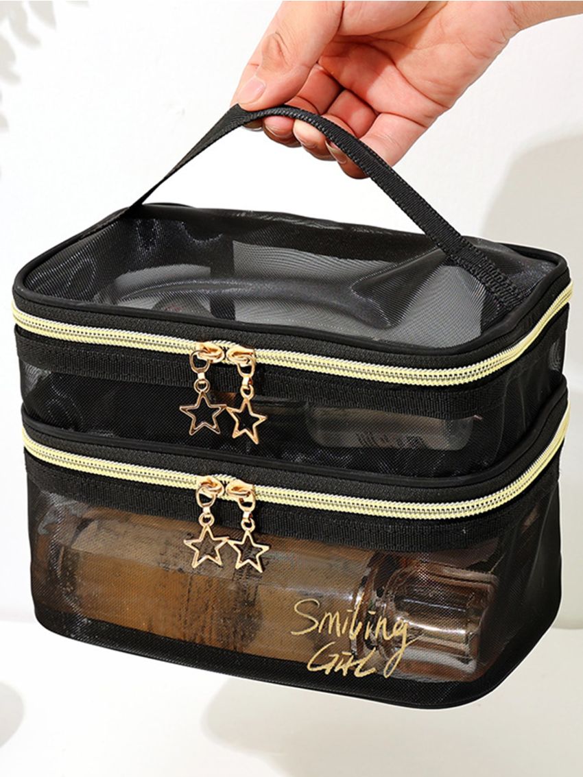 Black Mesh Transparent Star Zipper Cosmetic Bag