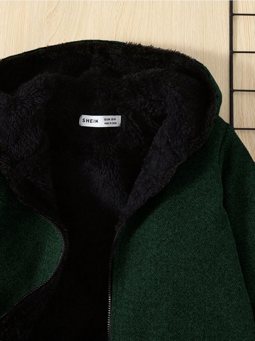 SHEIN Young Boy Dual Pocket Teddy Lined Hooded Overcoat