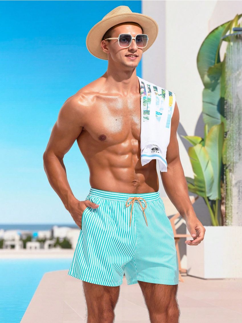 Men'S Striped Printed Drawstring Waist Beach Shorts