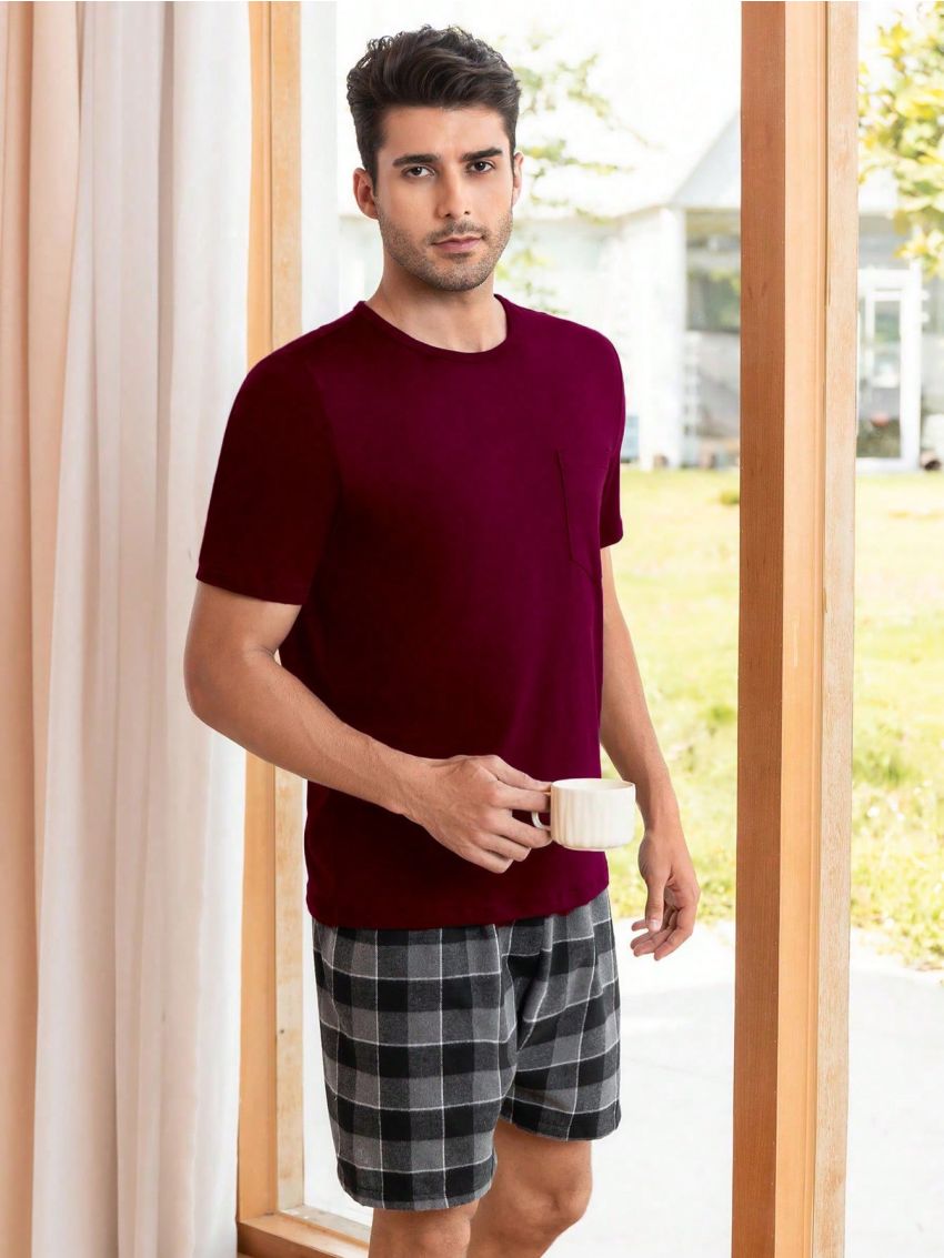 Men Solid Tee & Plaid Print Shorts