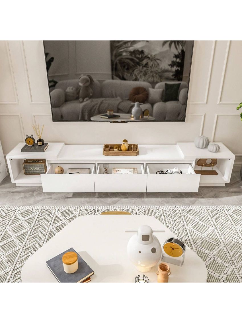 TV Stand with 3 Drawers, Modern Extendable TV Stand in Stretch for TVs up to 120