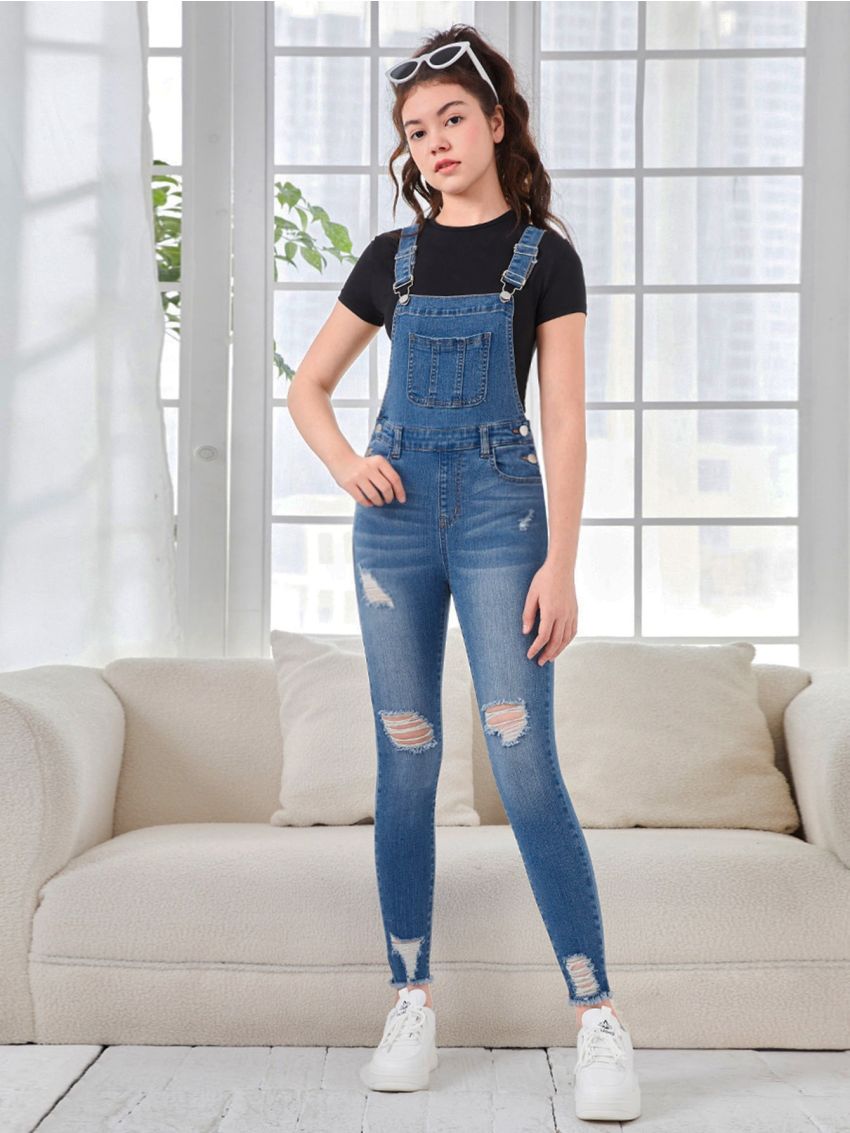 SHEIN Teen Girls Ripped Denim Overalls Without Tee