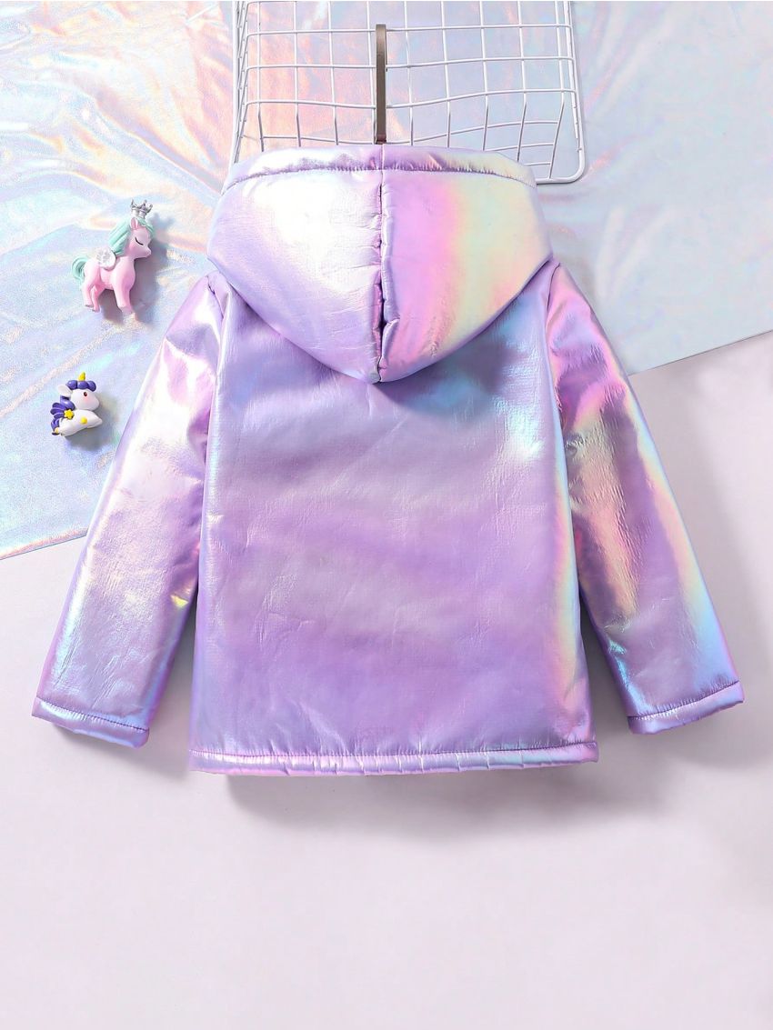 Young Girl Unicorn Patched Teddy Lined Holographic Hooded Coat