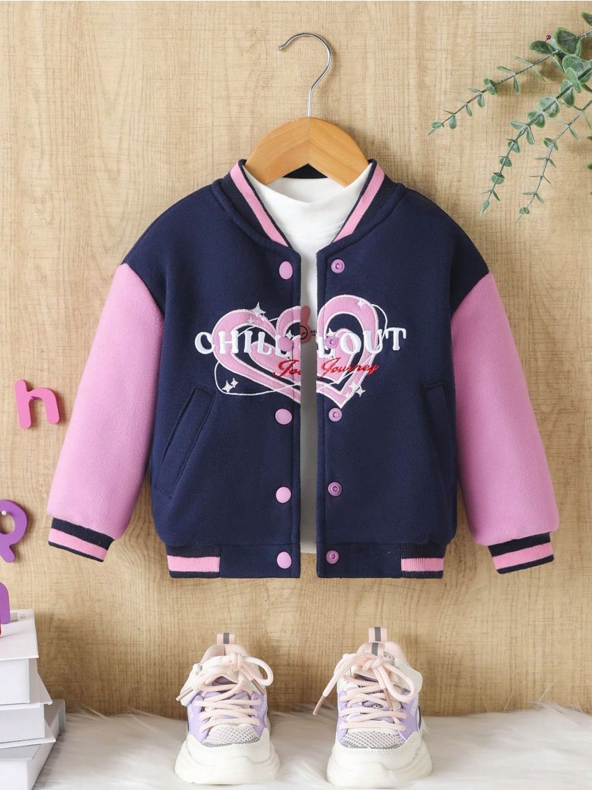 SHEIN Baby Girls' Casual Color Block Baseball Jacket With 3d Heart Embroidery Decoration