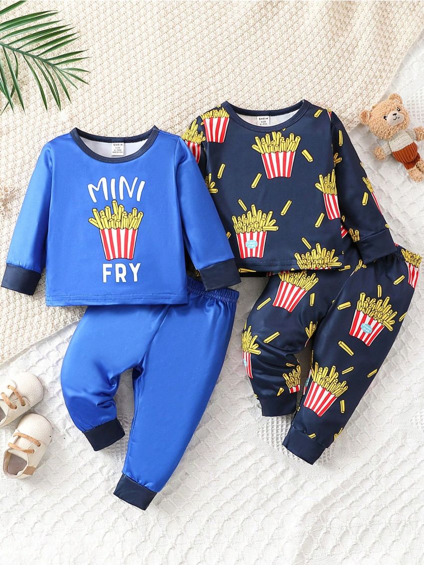Baby Boy's French Fries Printed Long Sleeve Shirt And Pants Set