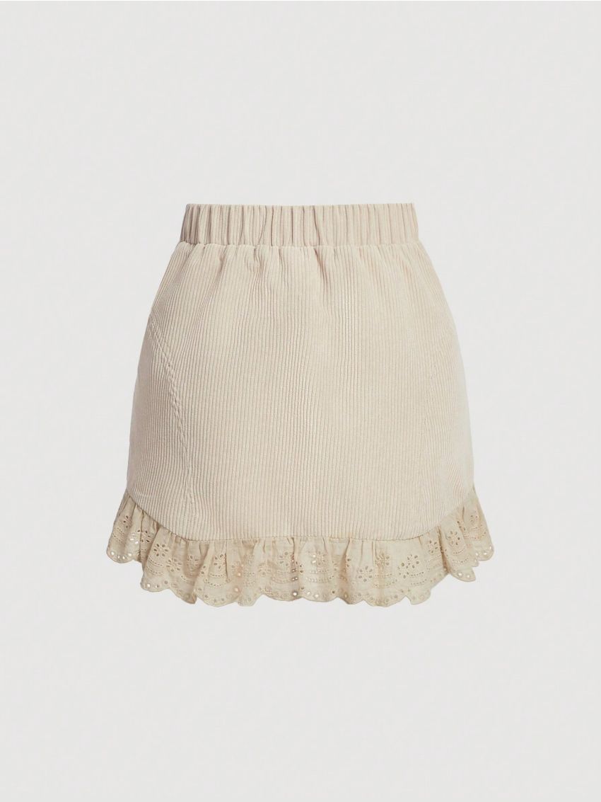 SHEIN MOD Women's Button Closure Plaid Hemline With Embroidered Lace Border Skirt