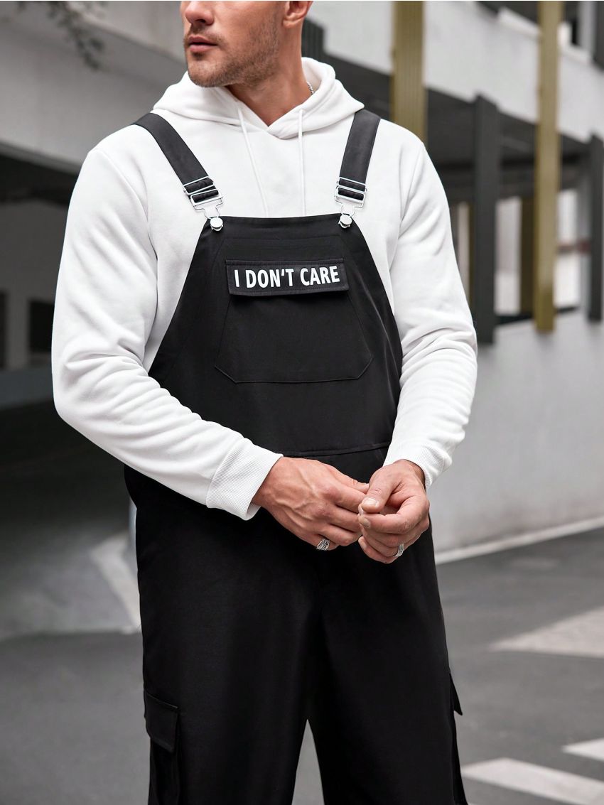 SHEIN Extended Sizes Men's Plus Size Letter Patch Woven Casual Dungarees