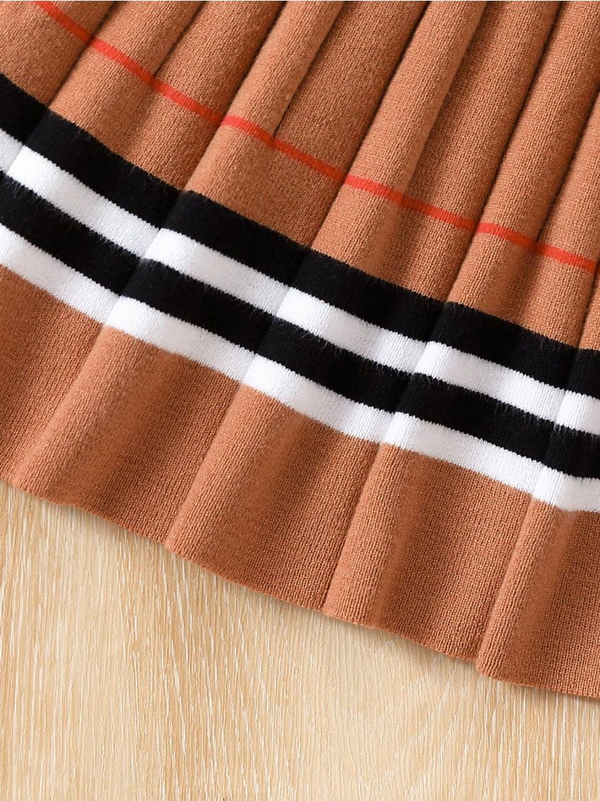 Little Girls' Contrast Color Striped Collar Pullover Sweater & Pleated Skirt Set
