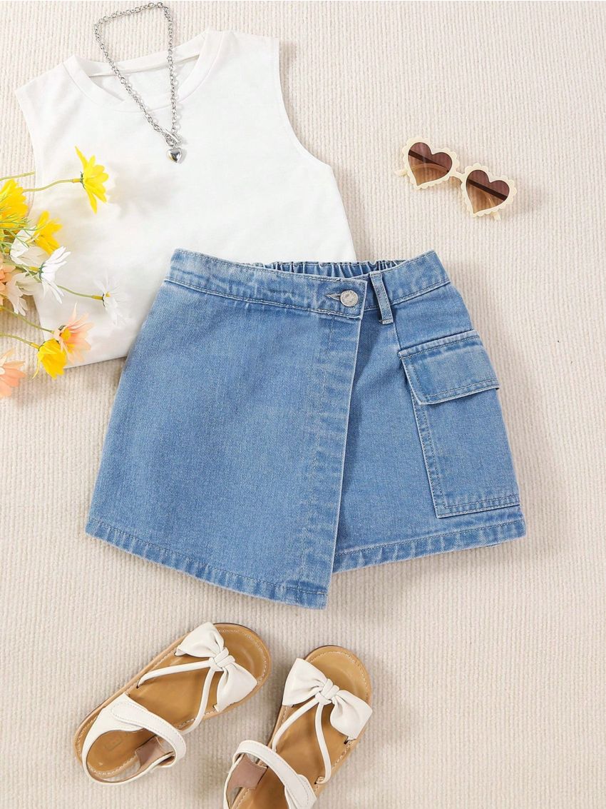 Tween Girls' Vintage Casual Light Blue Wash Denim Skort With 2 In 1 Design, Multiple Pockets, Comfortable Fit