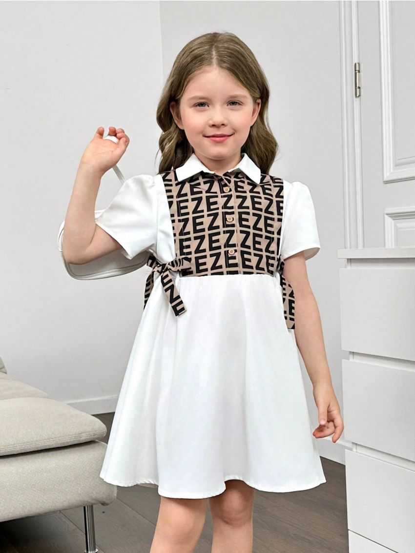 SHEIN Kids FANZEY Tween Girls' Collar Turn-Down Short Sleeve Open Front Tie Dye Letter Print 2 In 1 Dress