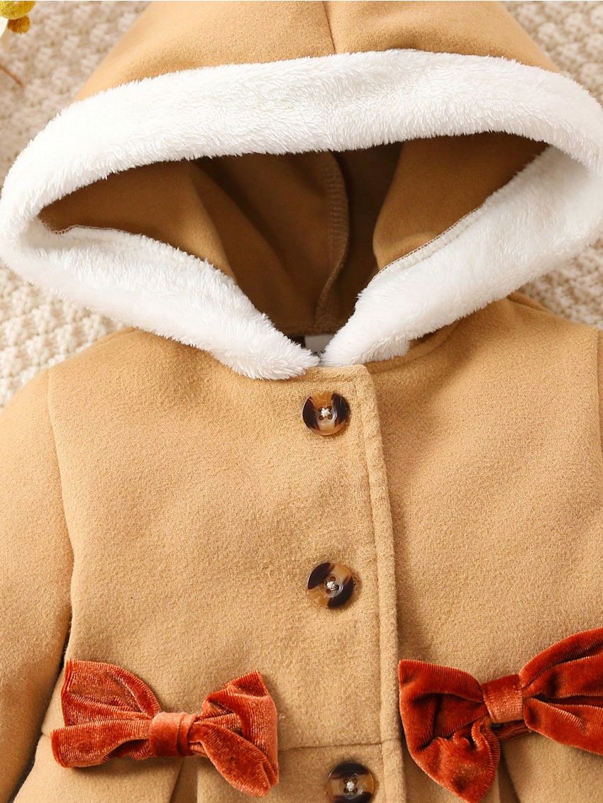 Baby Girl Contrast Trim Bow Front Fold Pleated Detail Hooded Overcoat