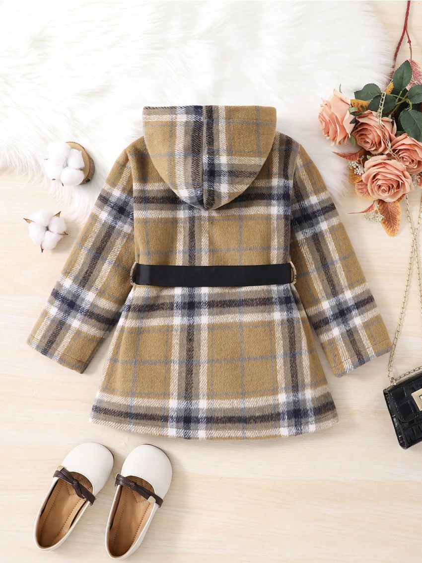 SHEIN Kids FANZEY Young Girl Plaid Print Hooded Belted Overcoat