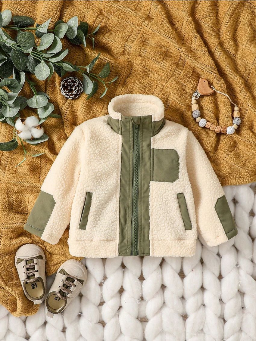 Baby Boys' Stand Collar Zipper Fleece Patchwork Hooded Coat, Winter