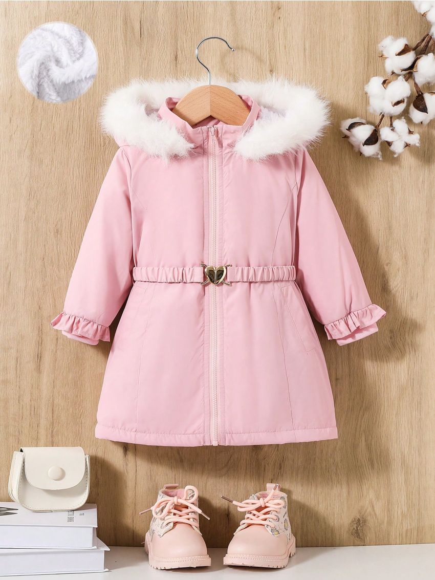 SHEIN Baby Girl Fuzzy Trim Hooded Belted Coat