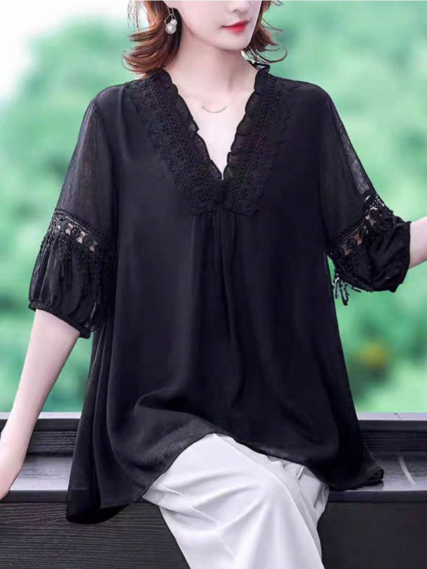 Code Solid Color Lace Splice Loose Casual Shirt