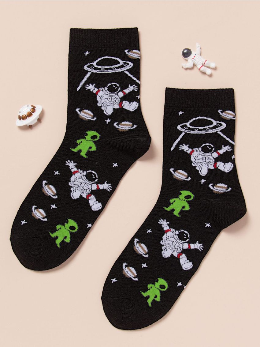 Men Alien & Astronaut Print Crew Socks