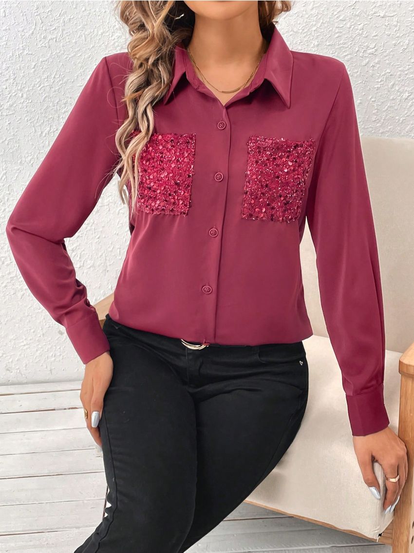Women'S Patchwork Sparkly Pocket Shirt