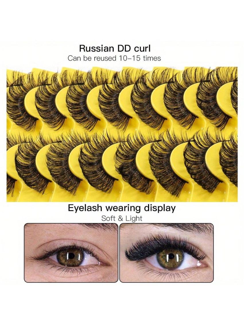 10 Pairs Eyelashes Russian Volume Strip Lashes Natural Wispy D Curly Mink False Eyelashes Look Like Extensions